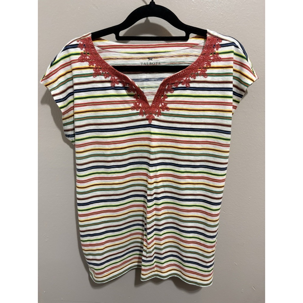 Talbot's Sz XS Colorful Striped Short Sleeve Top Embroidered - 100% Cotton